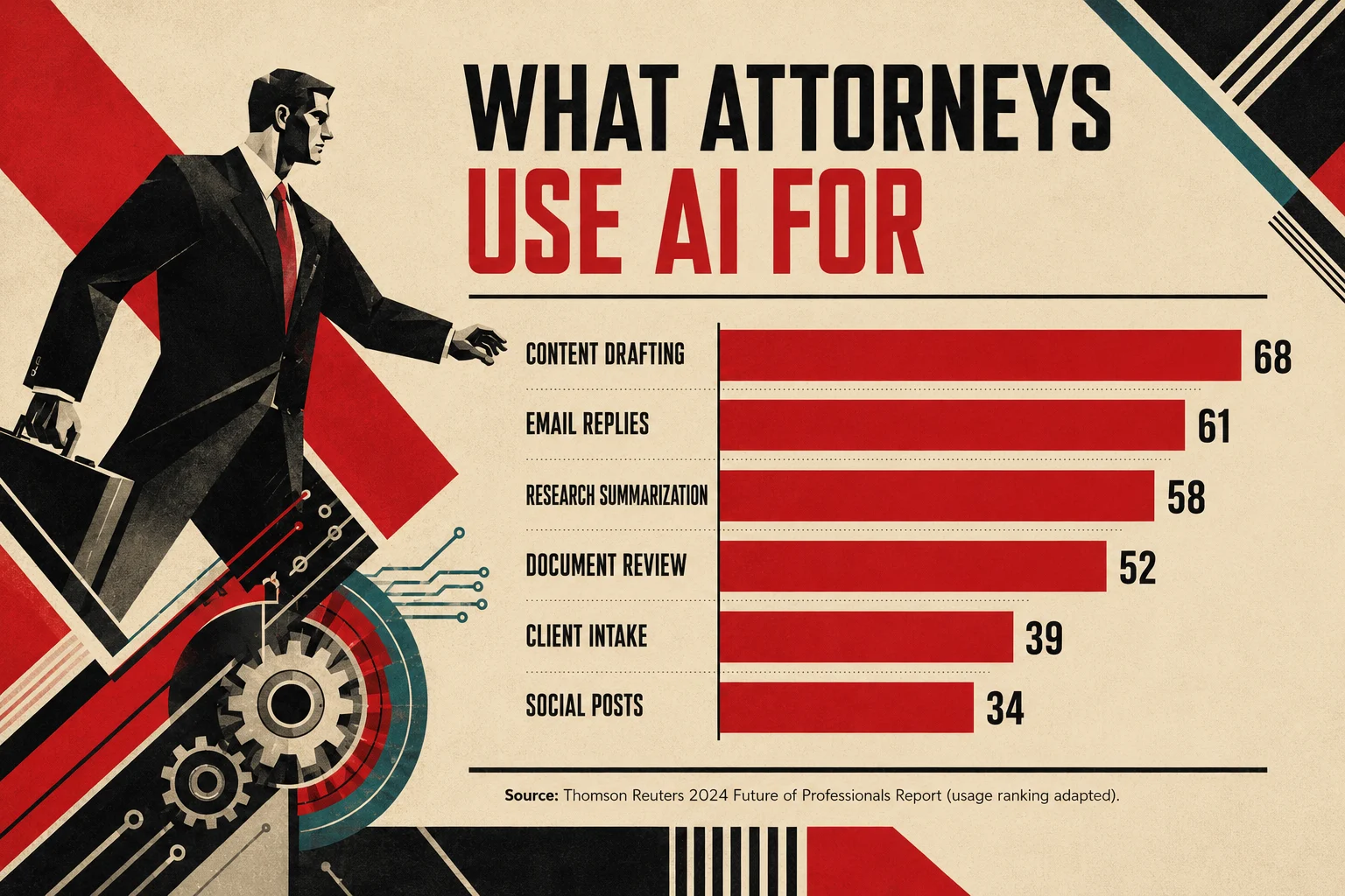 Bar chart showing what attorneys use AI for in legal marketing workflows