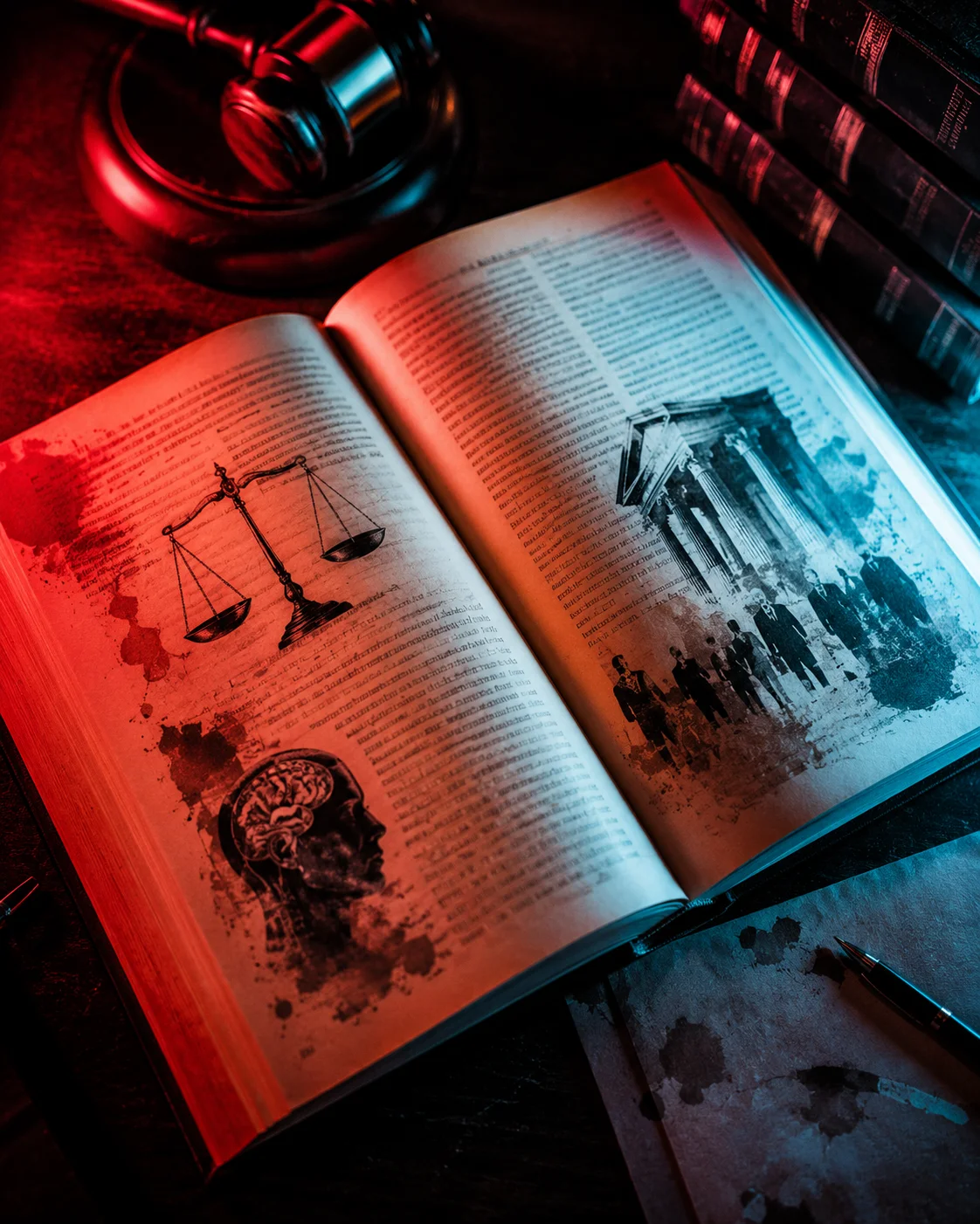 Open textbook on therapeutic jurisprudence lit by theatrical red and cyan stage light
