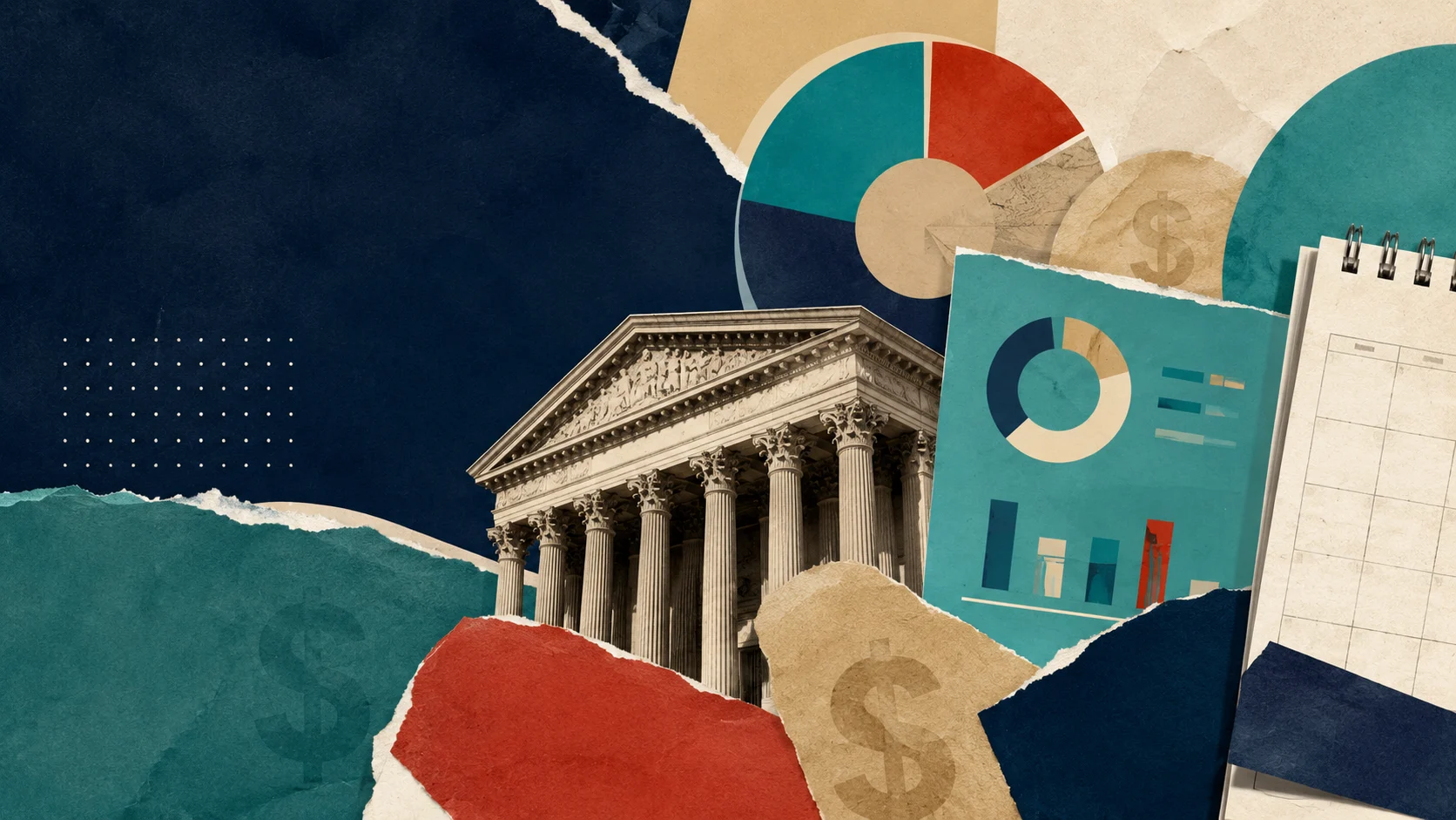 Abstract collage of law firm marketing ROI charts, calendar fragments, and growth arrows