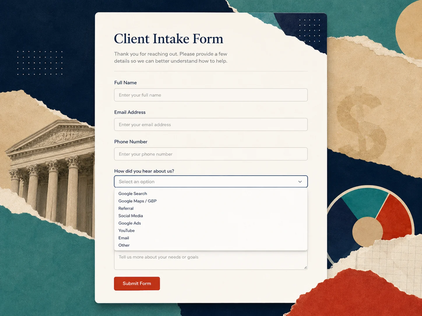 Lead source intake form mockup with a how did you hear about us dropdown