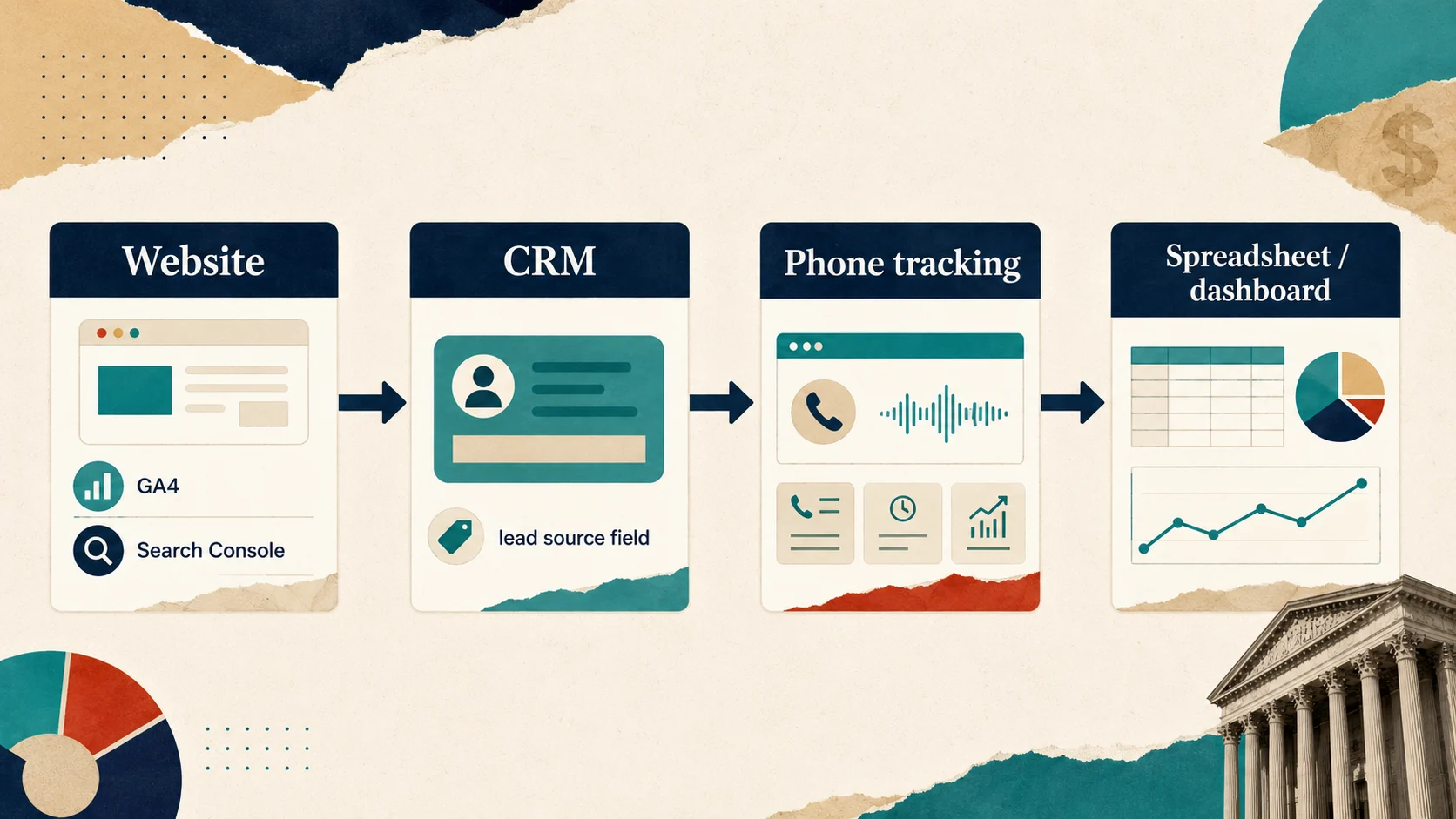 Tracking stack diagram connecting website analytics, CRM, phone tracking, and dashboard reporting