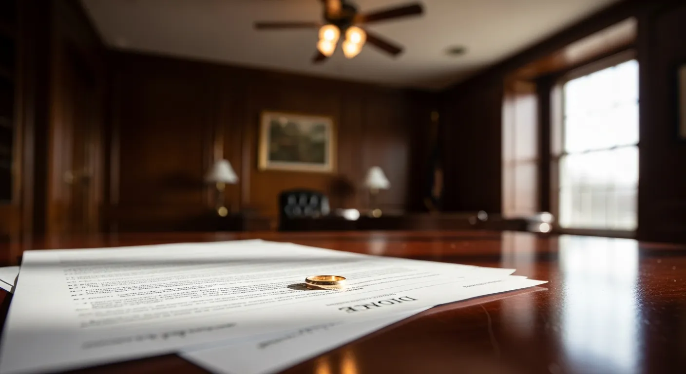 Divorce documents and wedding ring on attorney desk in Limestone County, Alabama