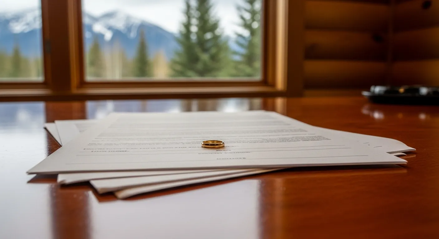 Divorce documents and wedding ring on attorney desk in Anchorage Municipality, Alaska