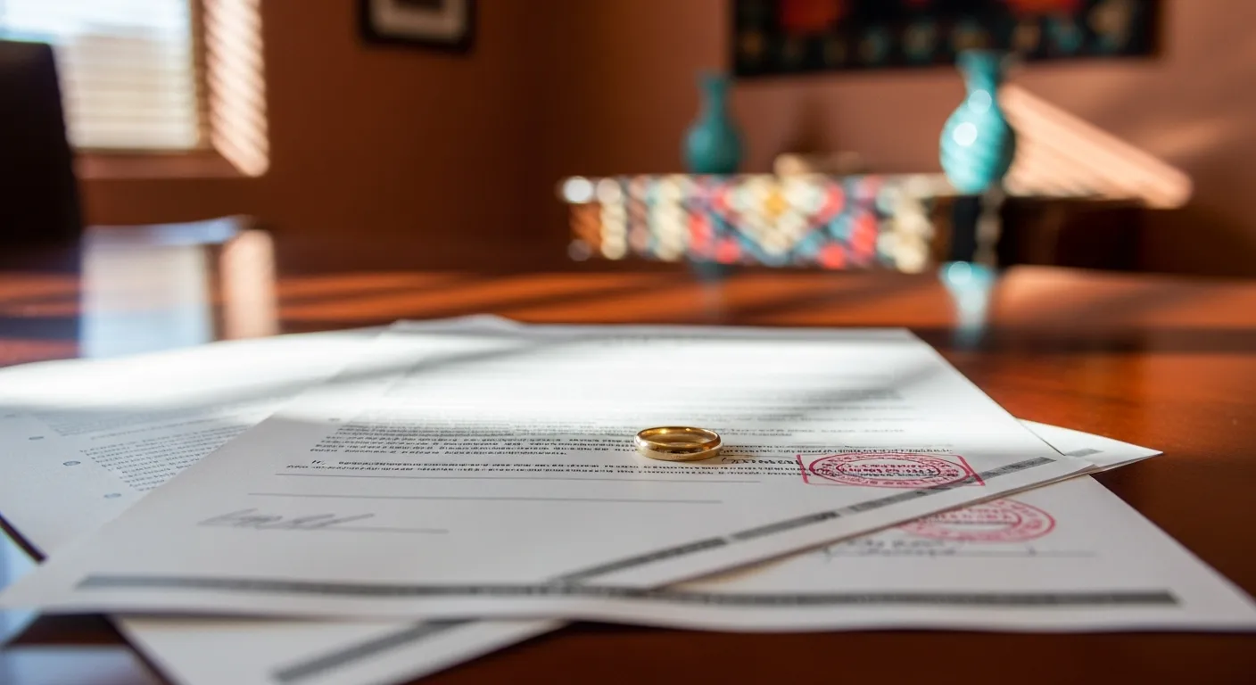Divorce documents and wedding ring on attorney desk in Coconino County, Arizona