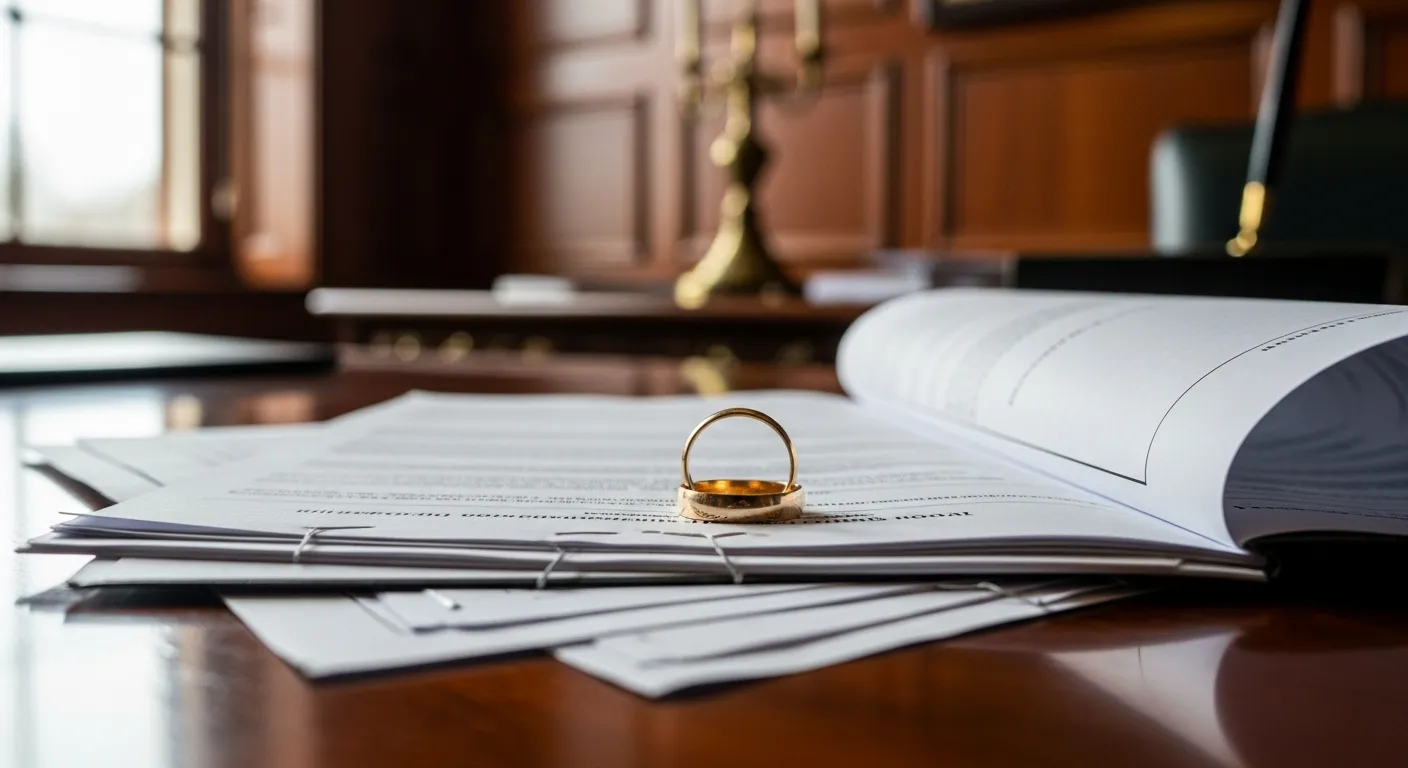 Divorce documents and wedding ring on attorney desk in Boone County, Arkansas