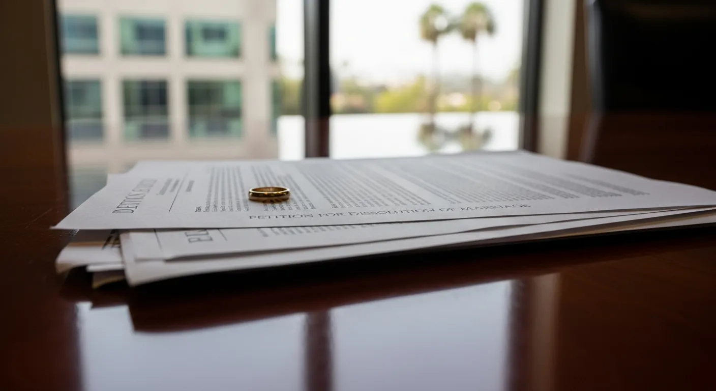 Divorce documents and wedding ring on attorney desk in Shasta County, California