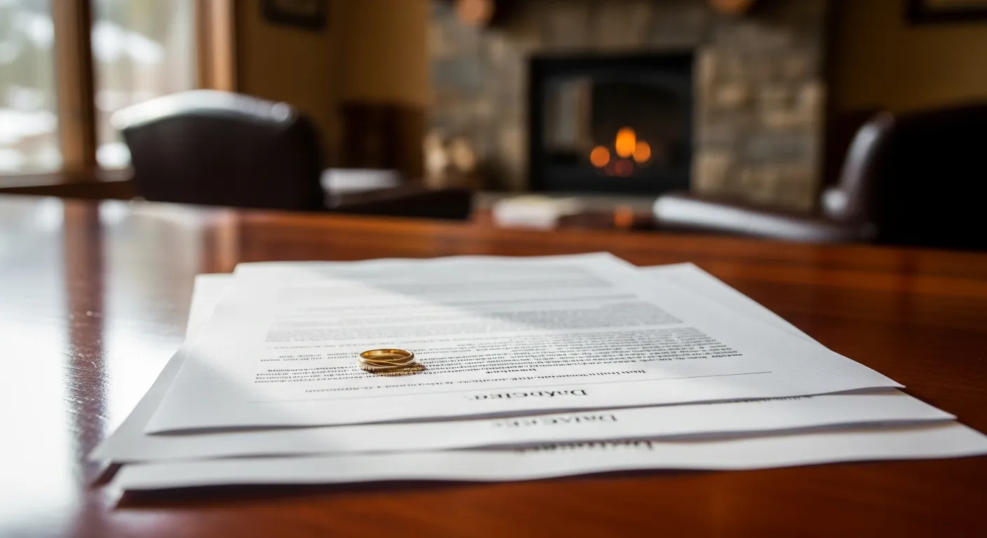 Divorce documents and wedding ring on attorney desk in Custer County, Colorado