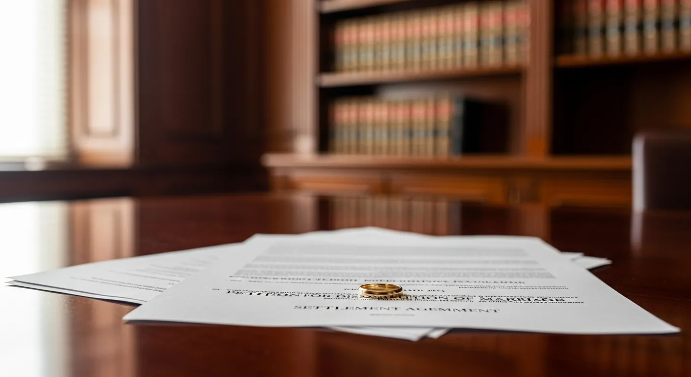 Divorce documents and wedding ring on attorney desk in Windham County, Connecticut