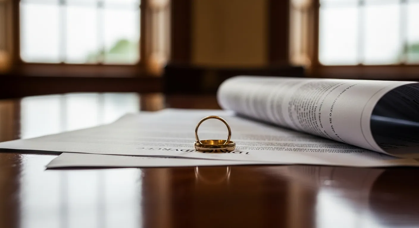 Divorce documents and wedding ring on attorney desk in Kent County, Delaware