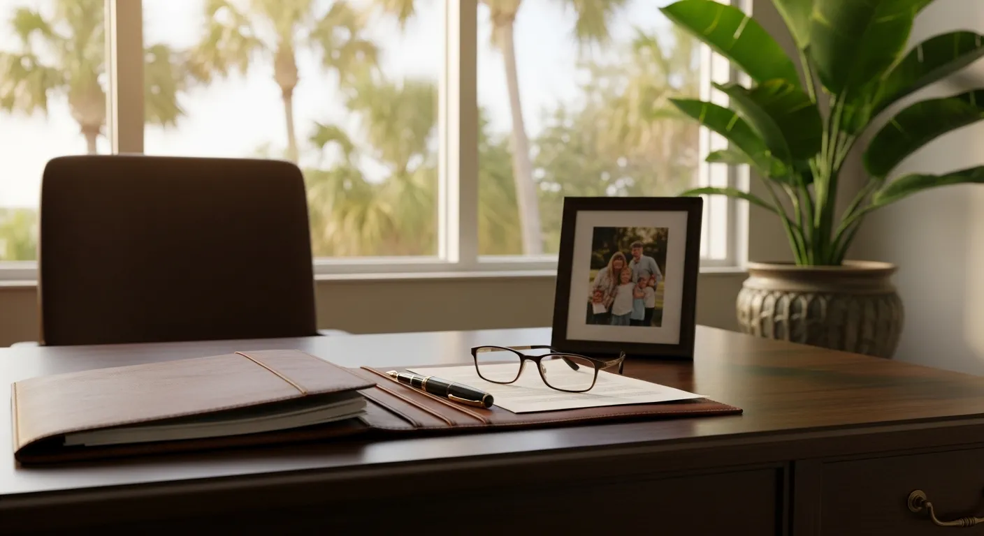 Attorney's desk with guardianship case files in Dixie County, Florida