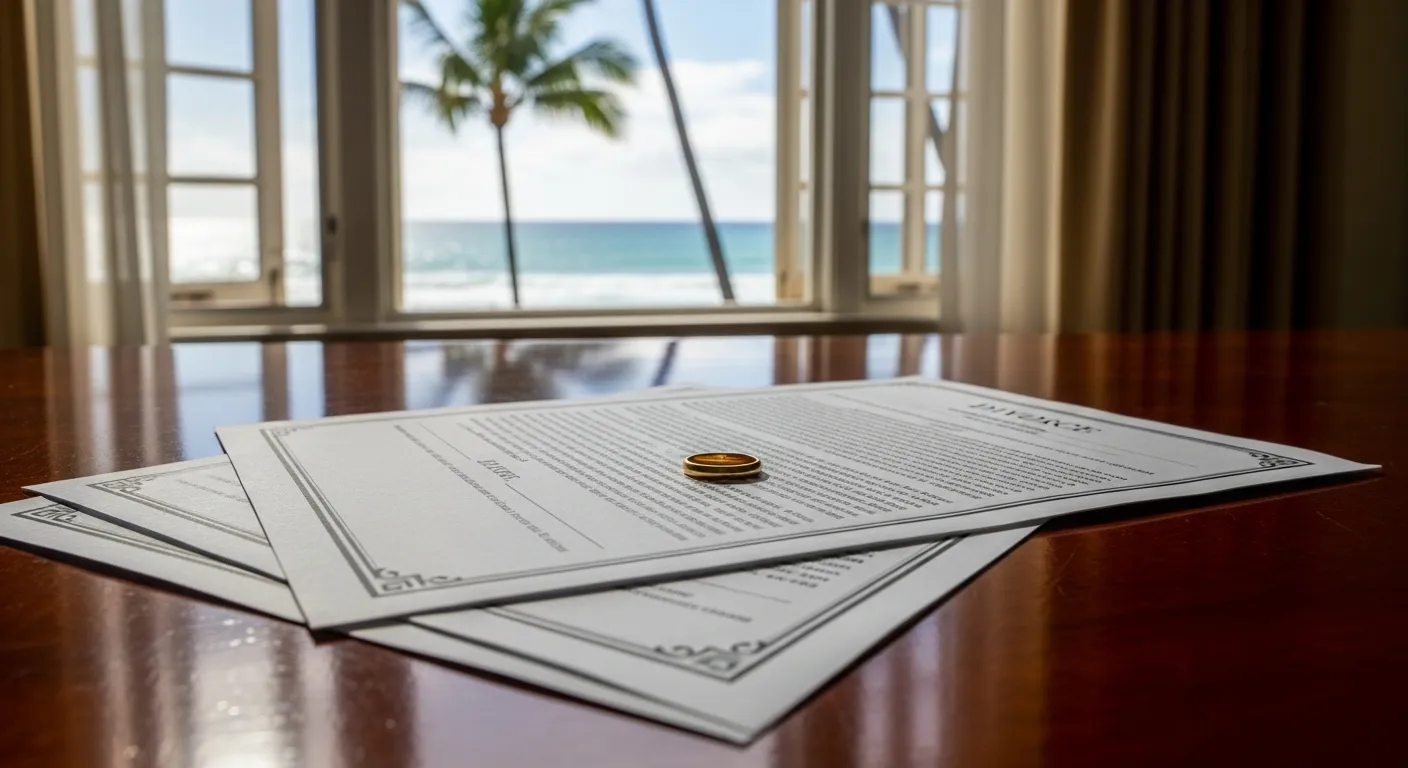 Divorce documents and wedding ring on attorney desk in Maui County, Hawaii