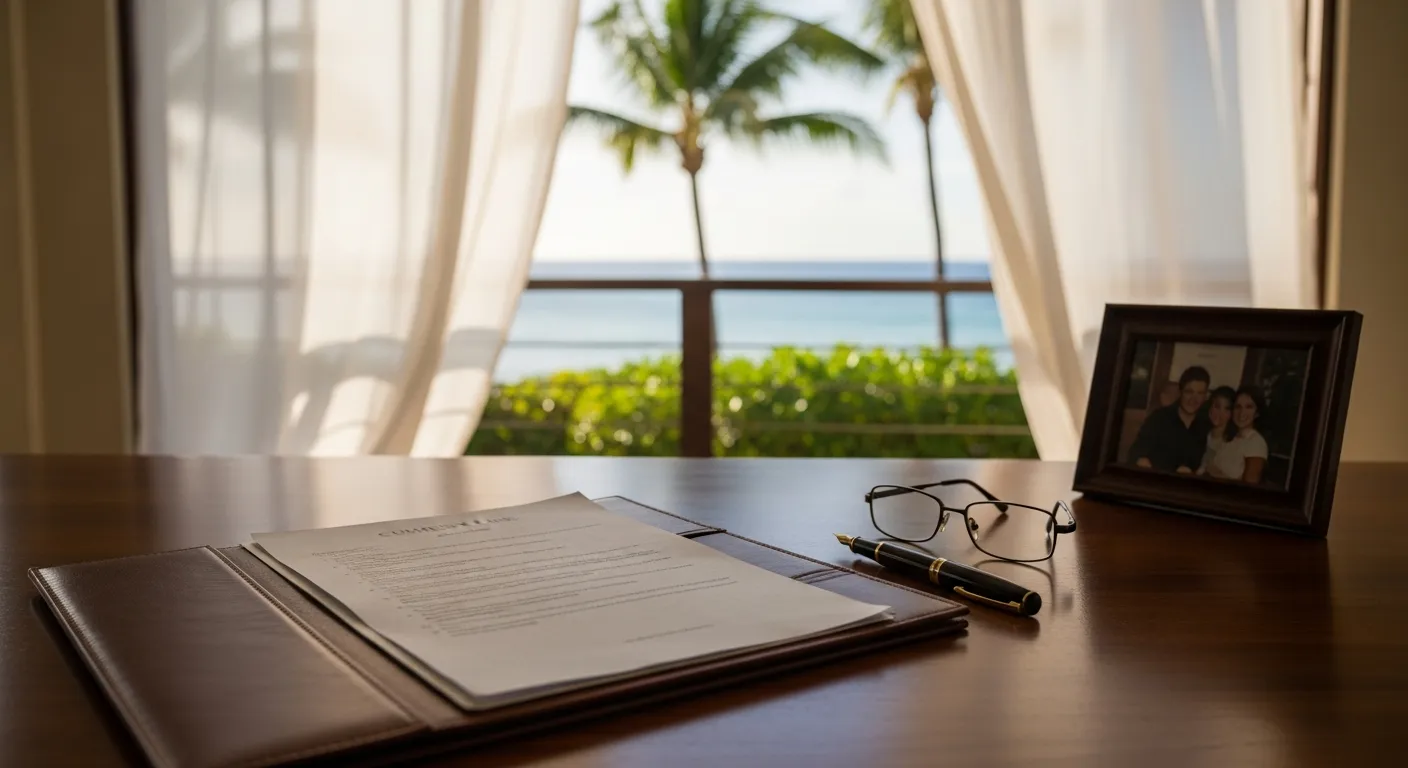 Family law attorney's desk with legal documents in Hawaii County, Hawaii