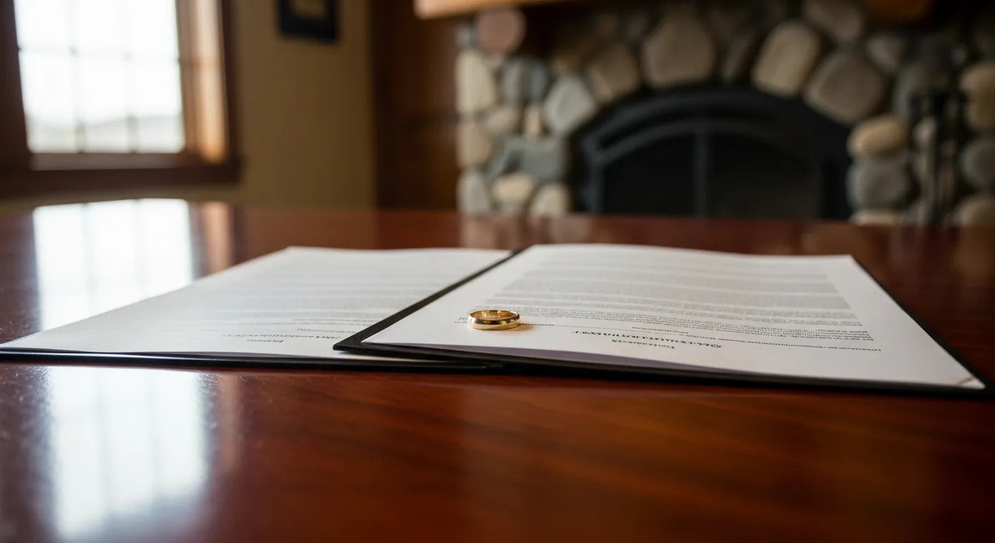 Divorce documents and wedding ring on attorney desk in Elmore County, Idaho