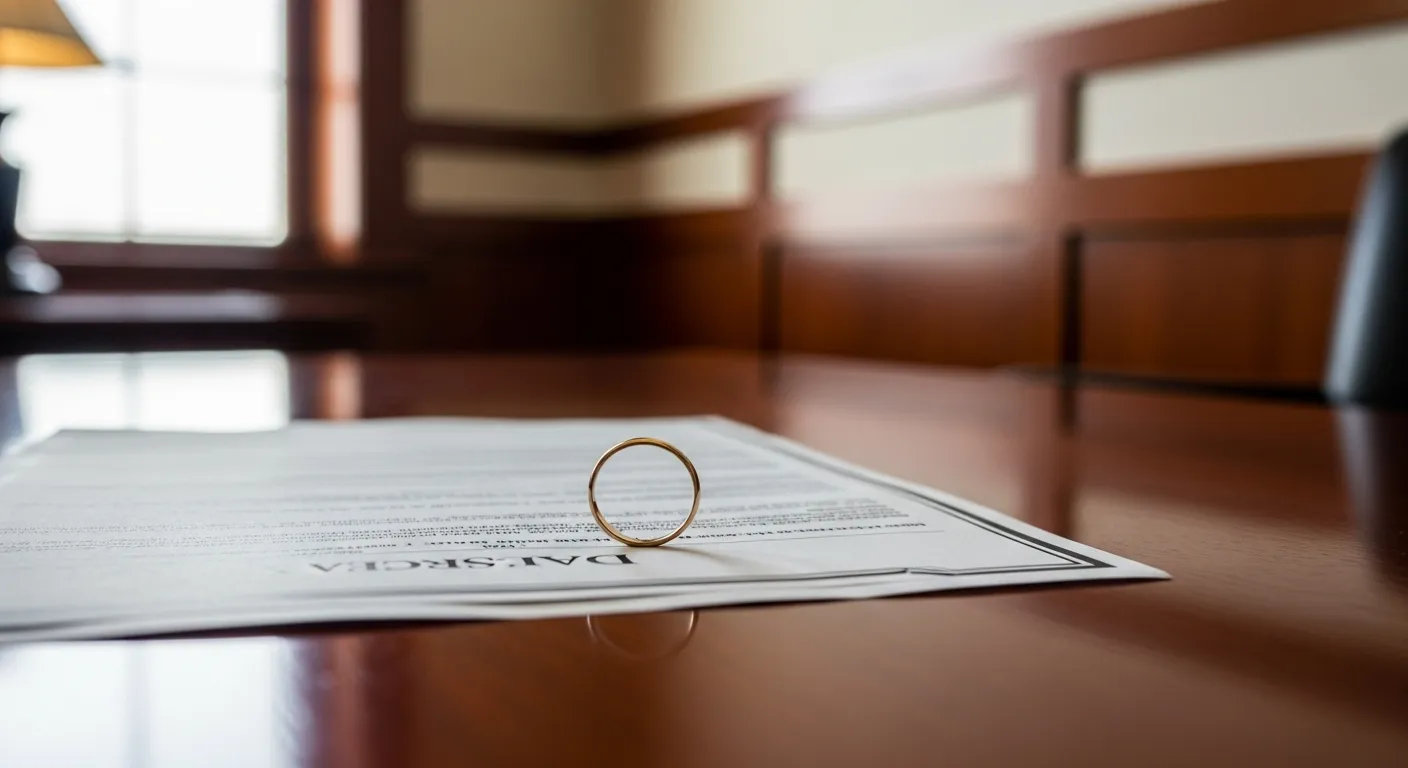 Divorce documents and wedding ring on attorney desk in Jersey County, Illinois