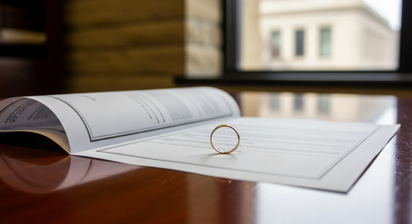 Divorce documents and wedding ring on attorney desk in Rush County, Indiana