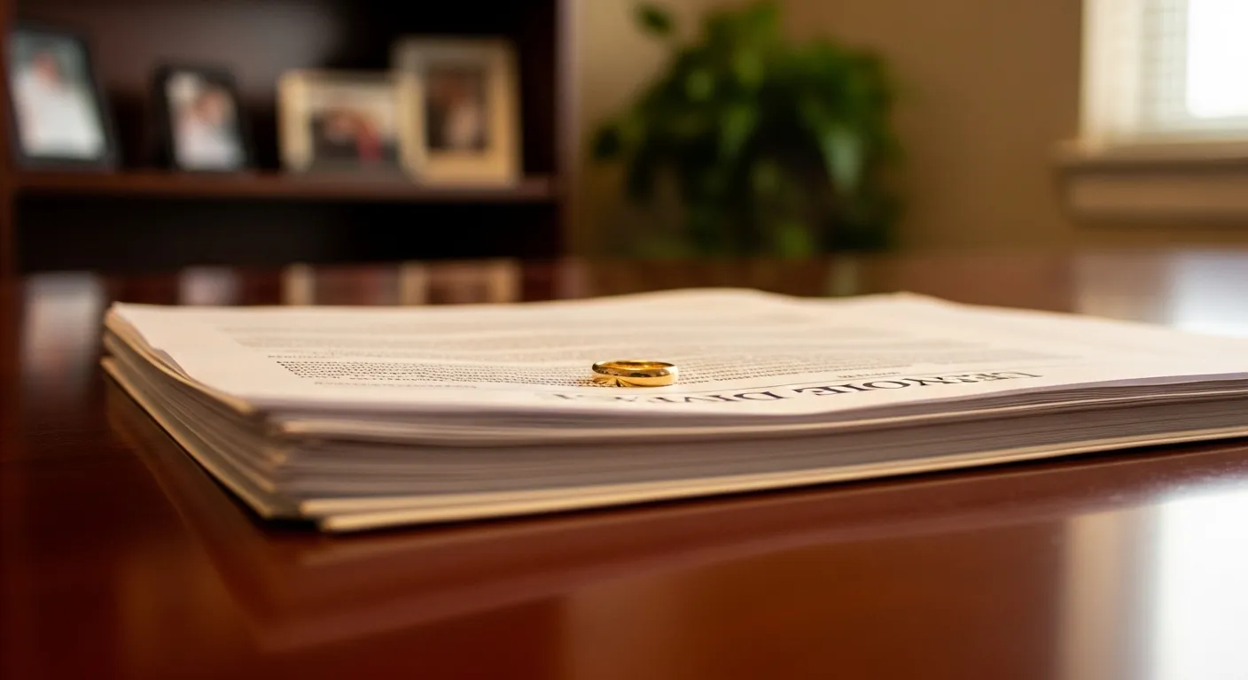 Divorce documents and wedding ring on attorney desk in Mitchell County, Iowa