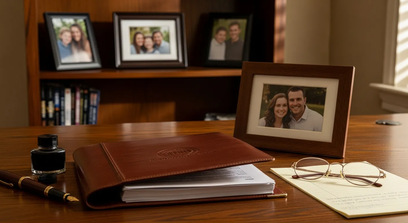 Family law attorney's desk with legal documents in Cedar County, Iowa