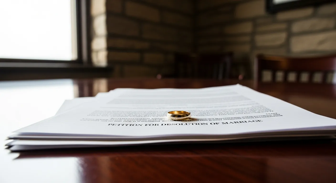 Divorce documents and wedding ring on attorney desk in Haskell County, Kansas