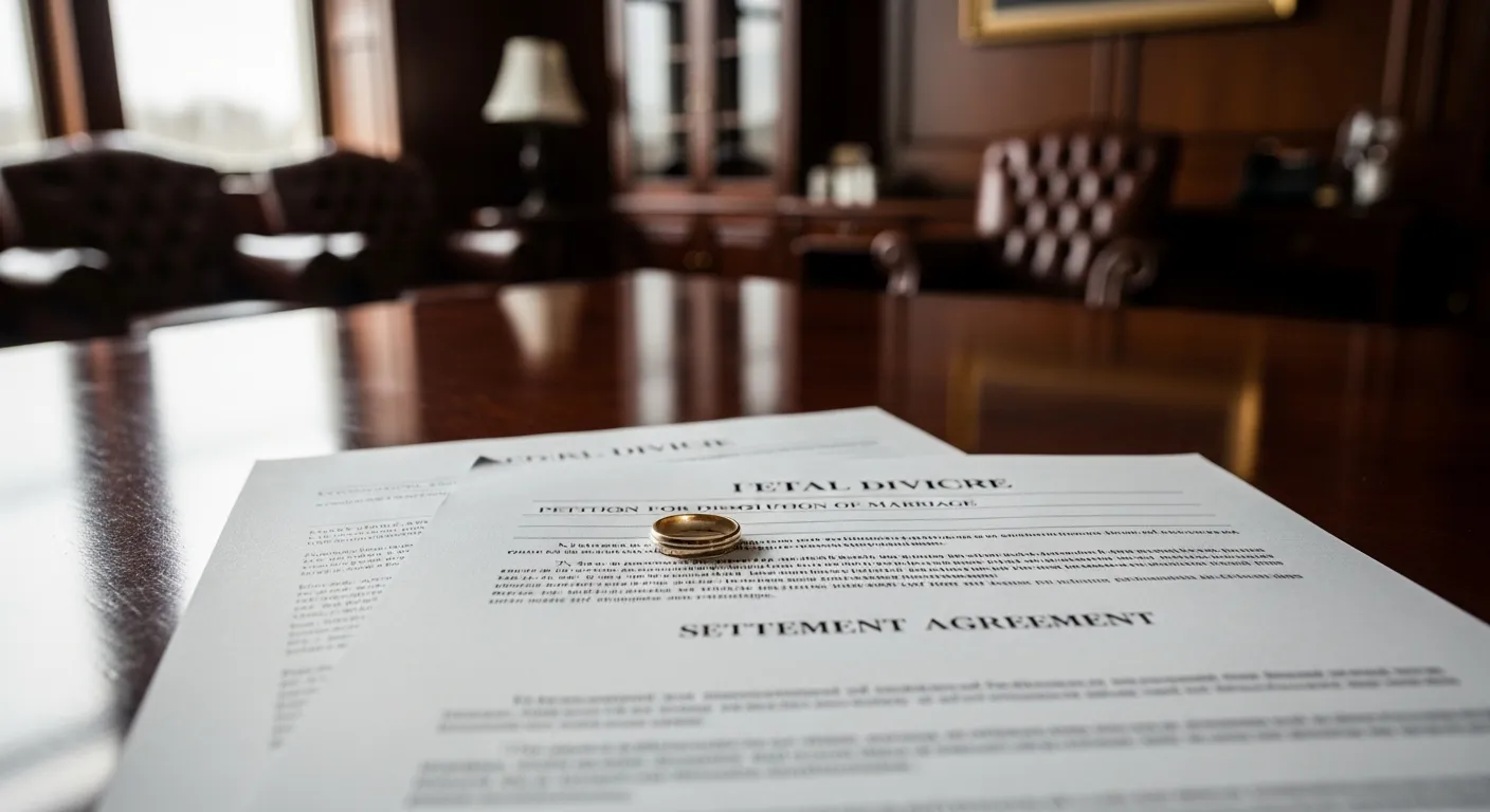 Divorce documents and wedding ring on attorney desk in Fleming County, Kentucky
