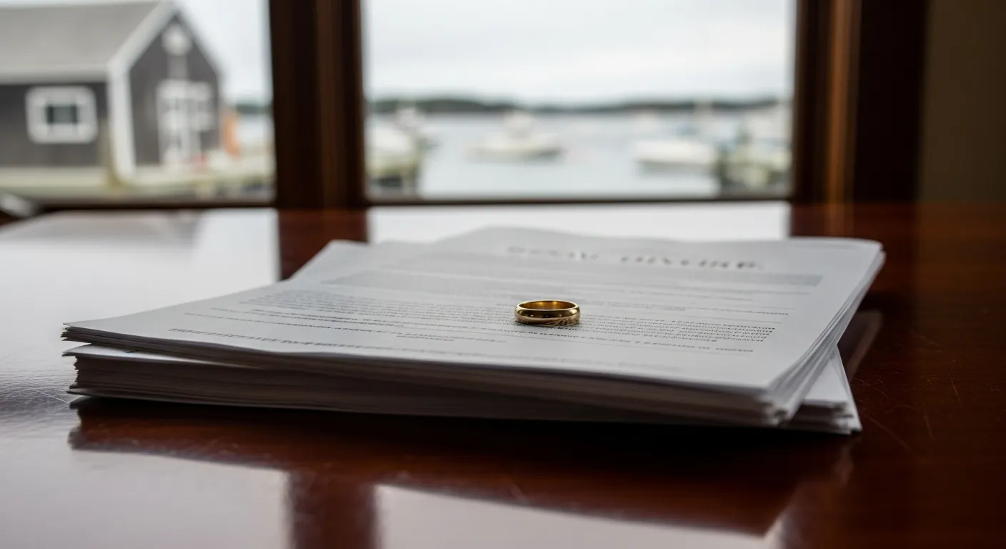 Divorce documents and wedding ring on attorney desk in Cumberland County, Maine