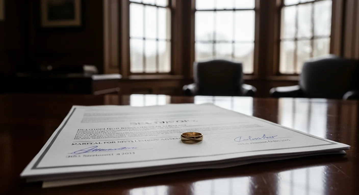 Divorce documents and wedding ring on attorney desk in Howard County, Maryland