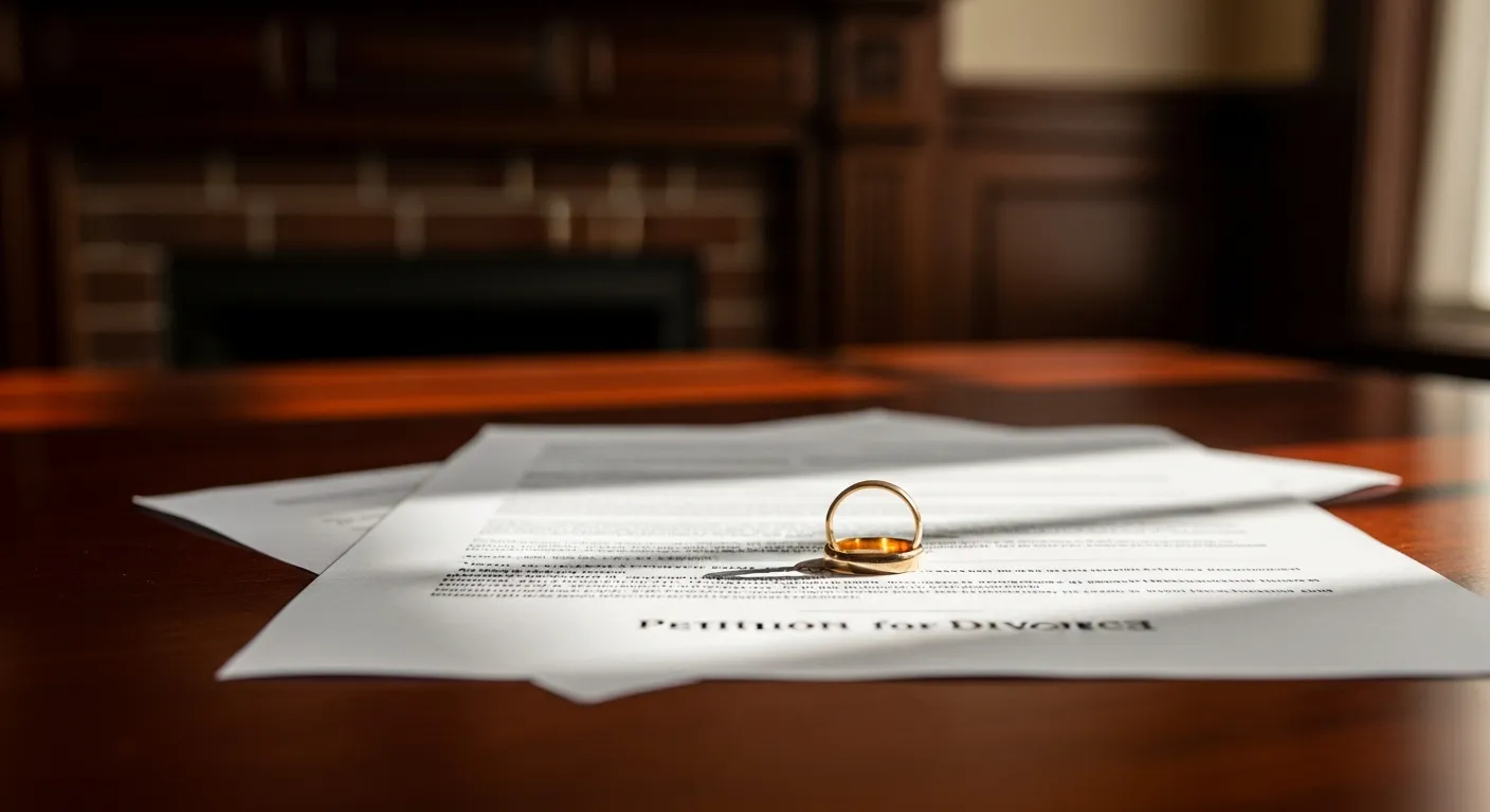 Divorce documents and wedding ring on attorney desk in Middlesex County, Massachusetts