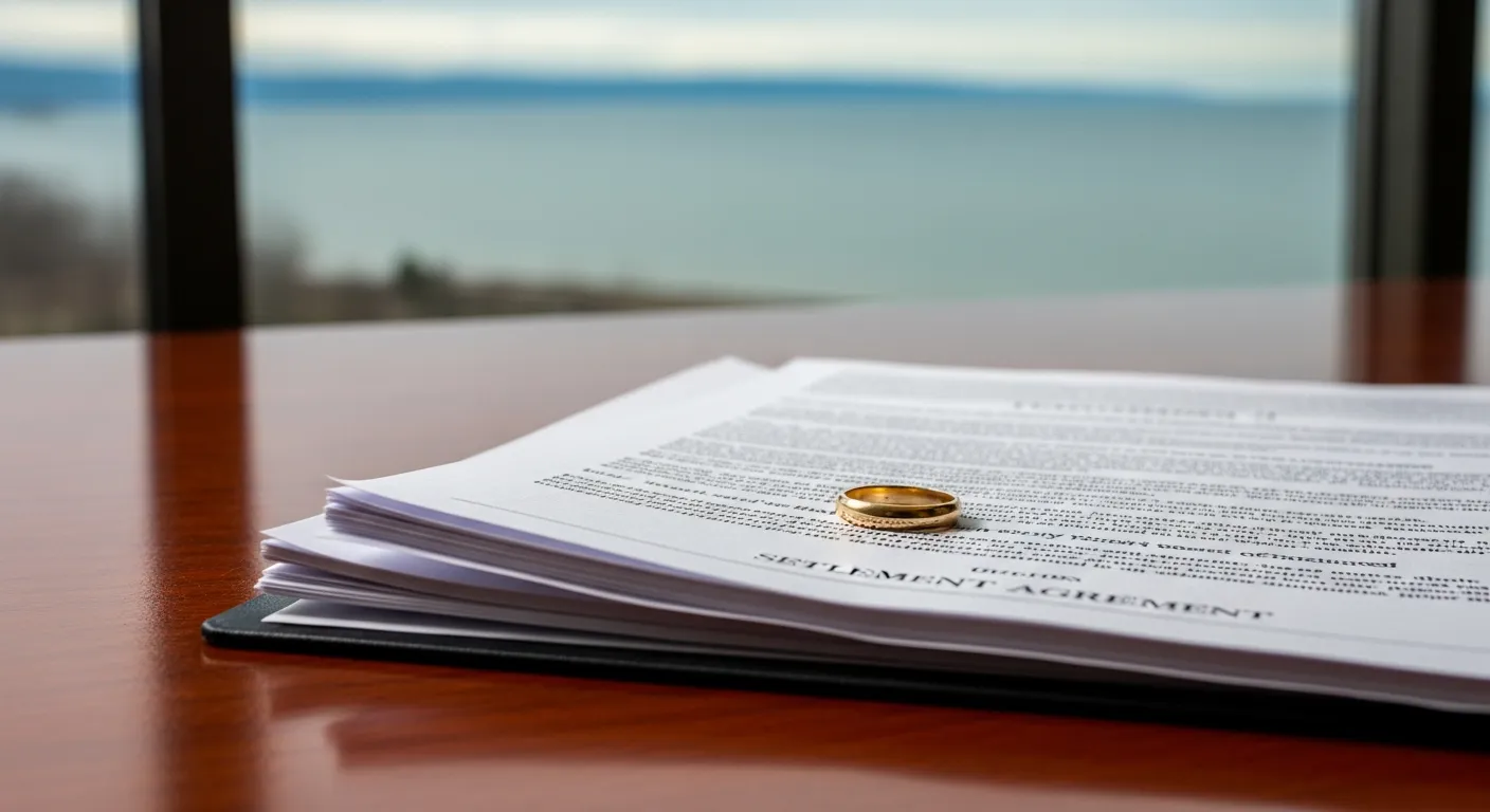 Divorce documents and wedding ring on attorney desk in Gladwin County, Michigan