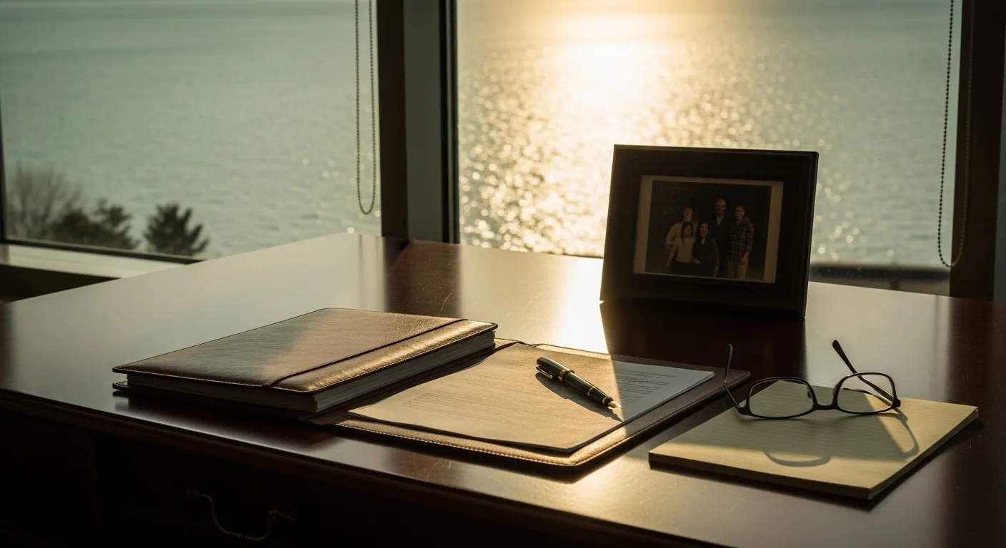 Estate planning attorney's desk with legal files in Alger County, Michigan