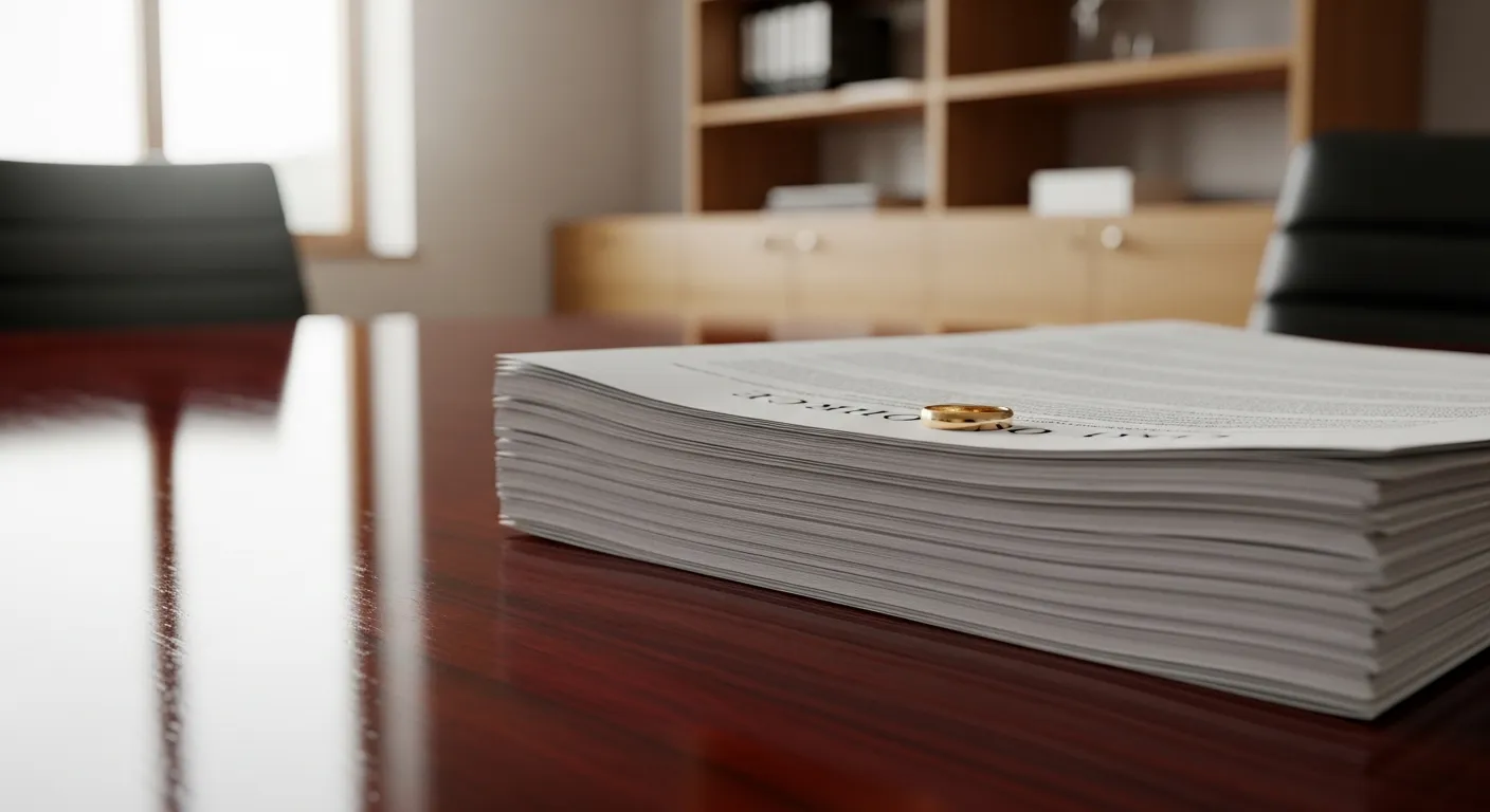 Divorce documents and wedding ring on attorney desk in Becker County, Minnesota