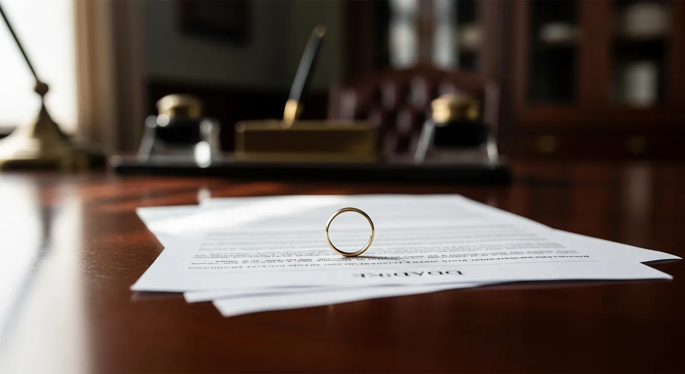 Divorce documents and wedding ring on attorney desk in Benton County, Mississippi