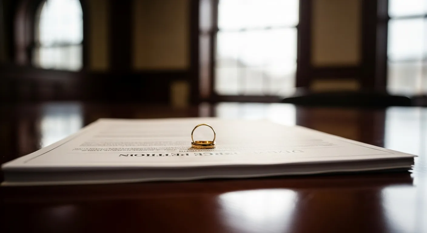 Divorce documents and wedding ring on attorney desk in Butler County, Missouri