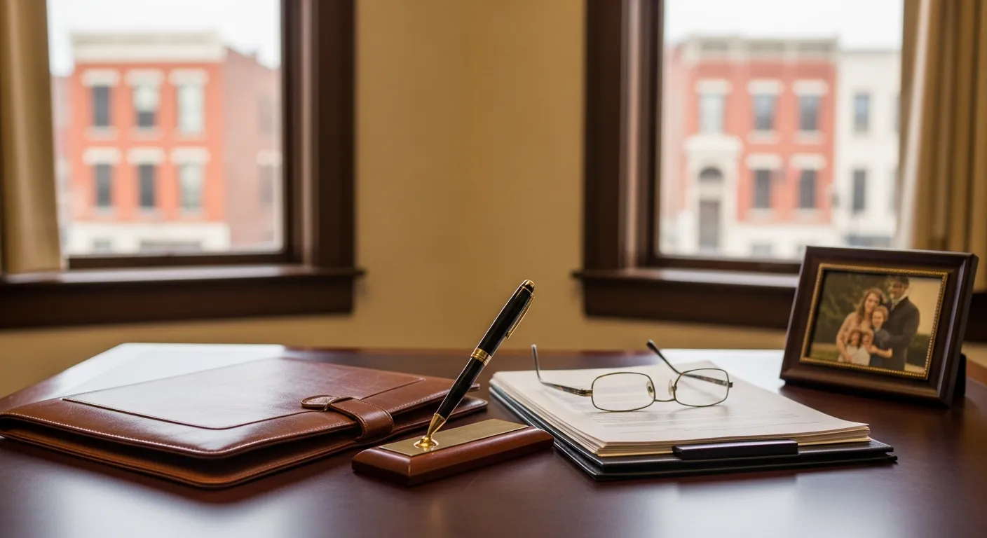 Family law attorney's desk with legal documents in Cedar County, Missouri