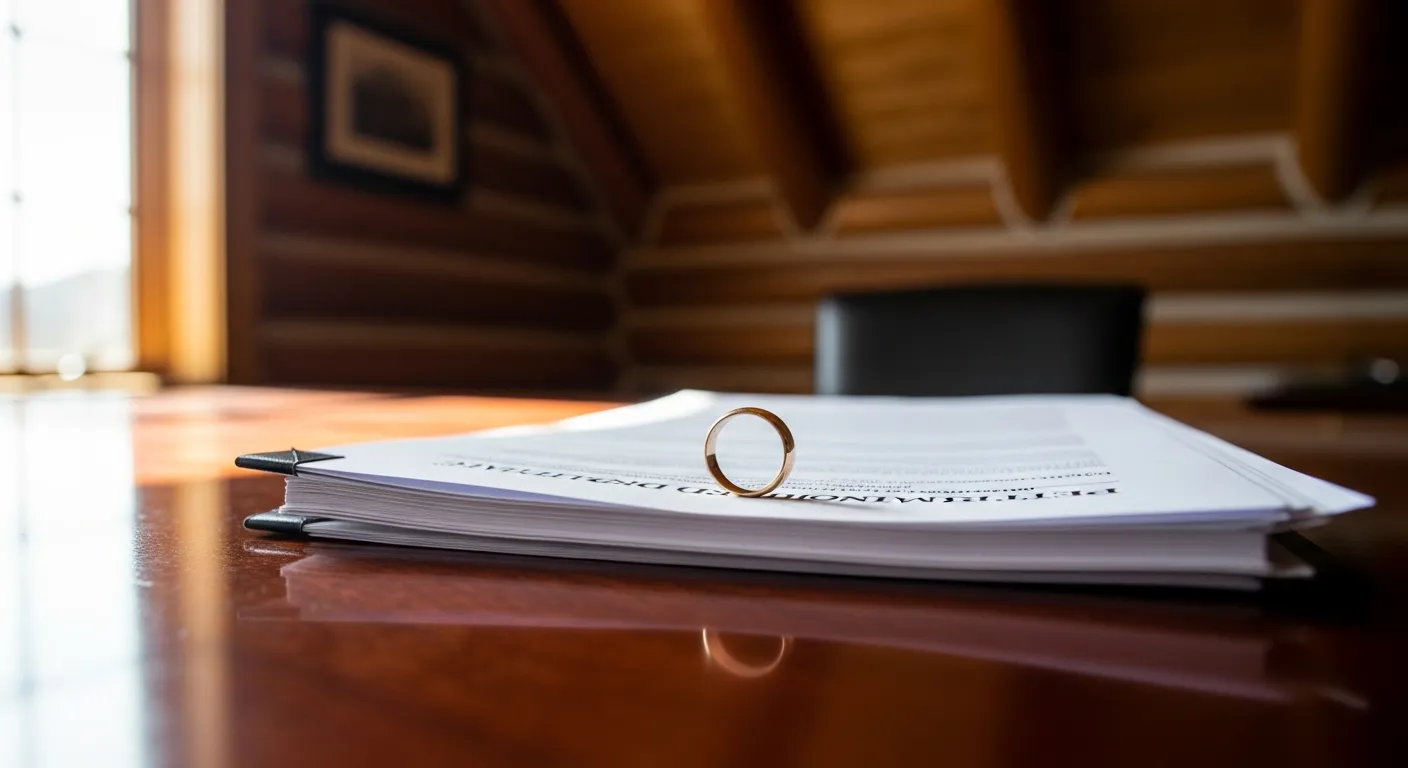 Divorce documents and wedding ring on attorney desk in Custer County, Montana