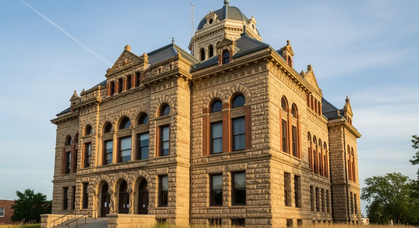 Historic courthouse where filing fees are collected in Chase County, Nebraska