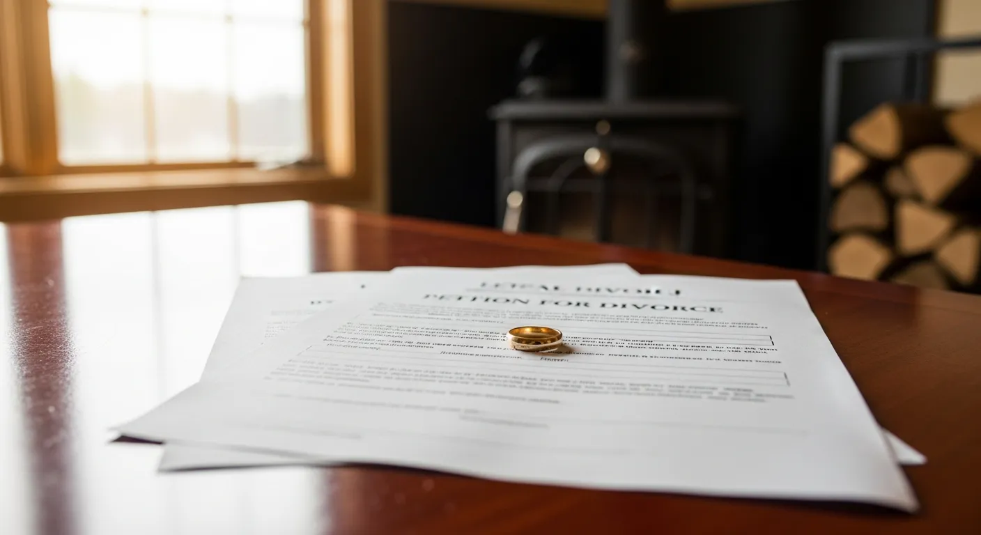 Divorce documents and wedding ring on attorney desk in Coos County, New Hampshire