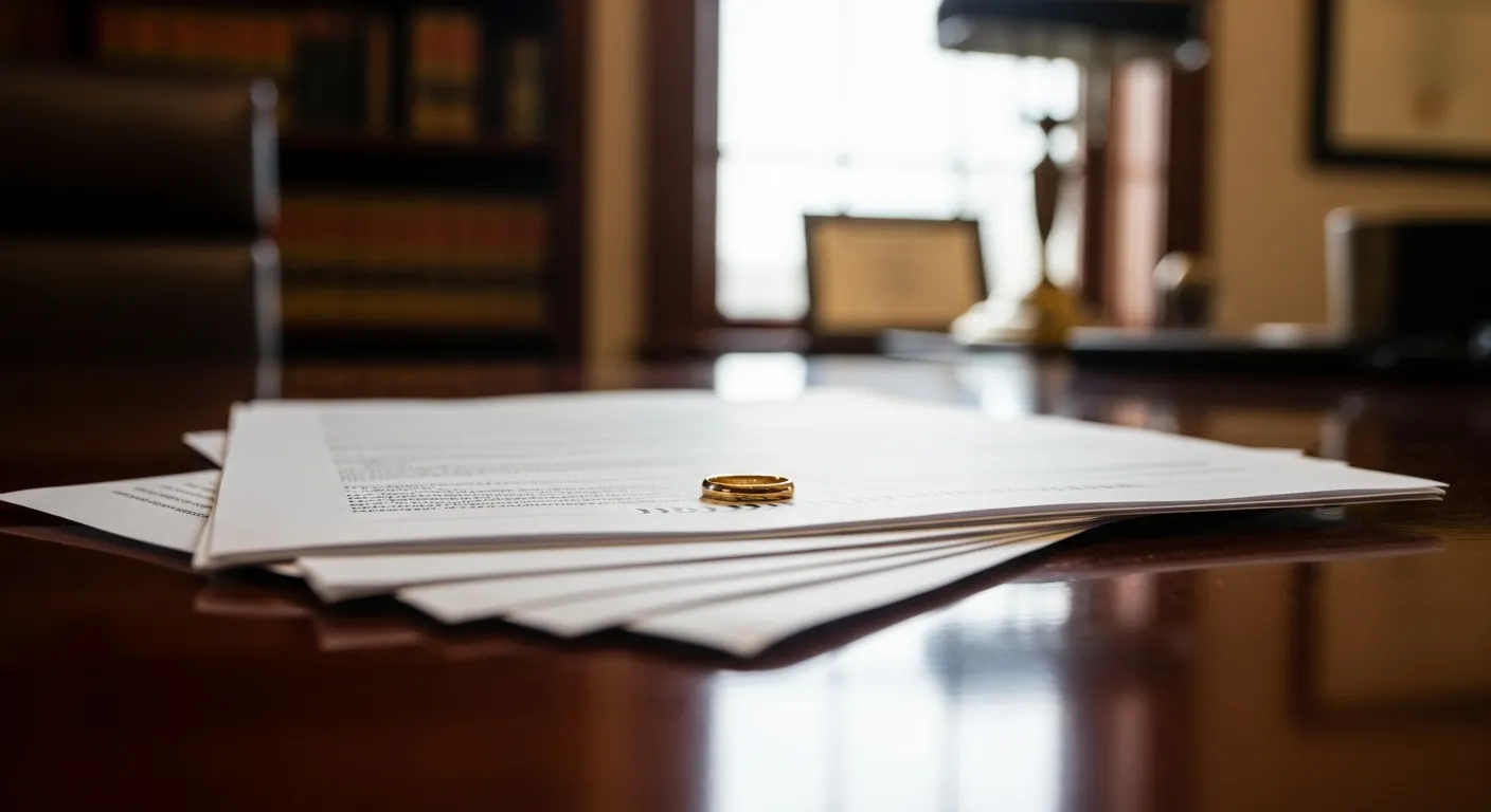 Divorce documents and wedding ring on attorney desk in Morris County, New Jersey