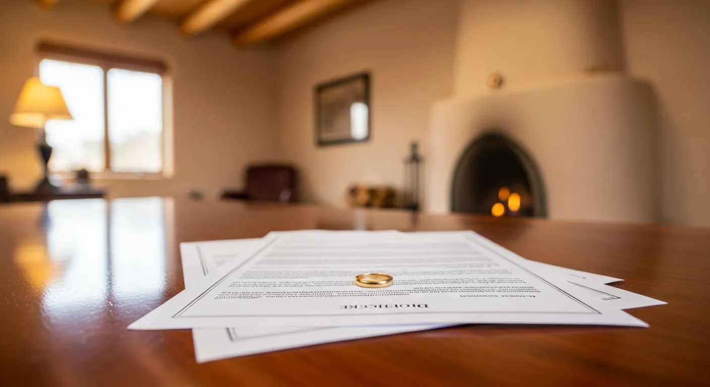 Divorce documents and wedding ring on attorney desk in Chaves County, New Mexico