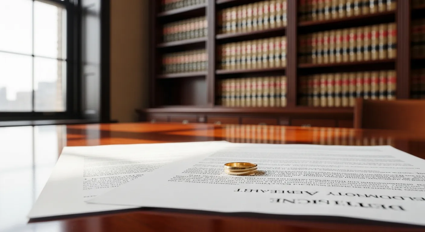 Divorce documents and wedding ring on attorney desk in Cayuga County, New York