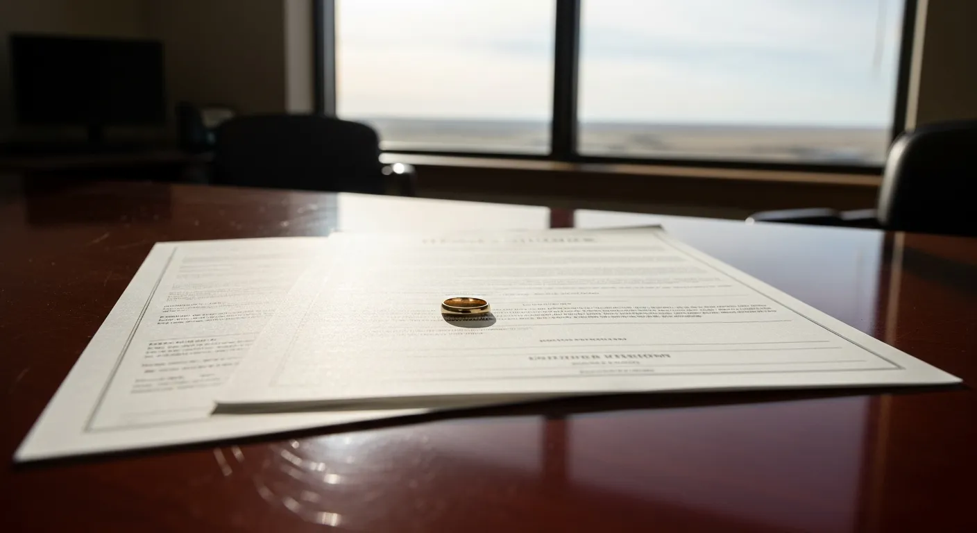 Divorce documents and wedding ring on attorney desk in Bowman County, North Dakota