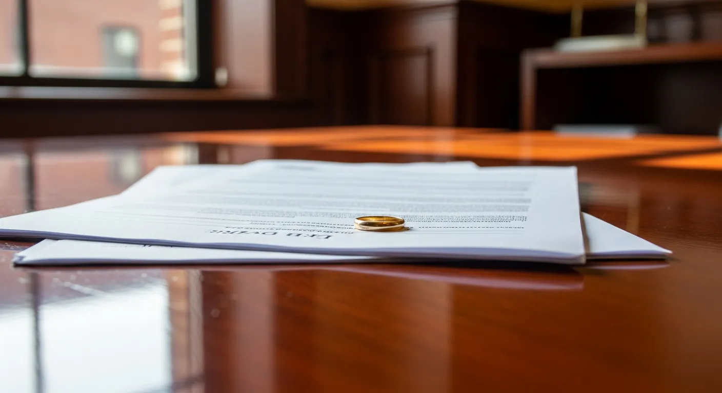 Divorce documents and wedding ring on attorney desk in Hamilton County, Ohio