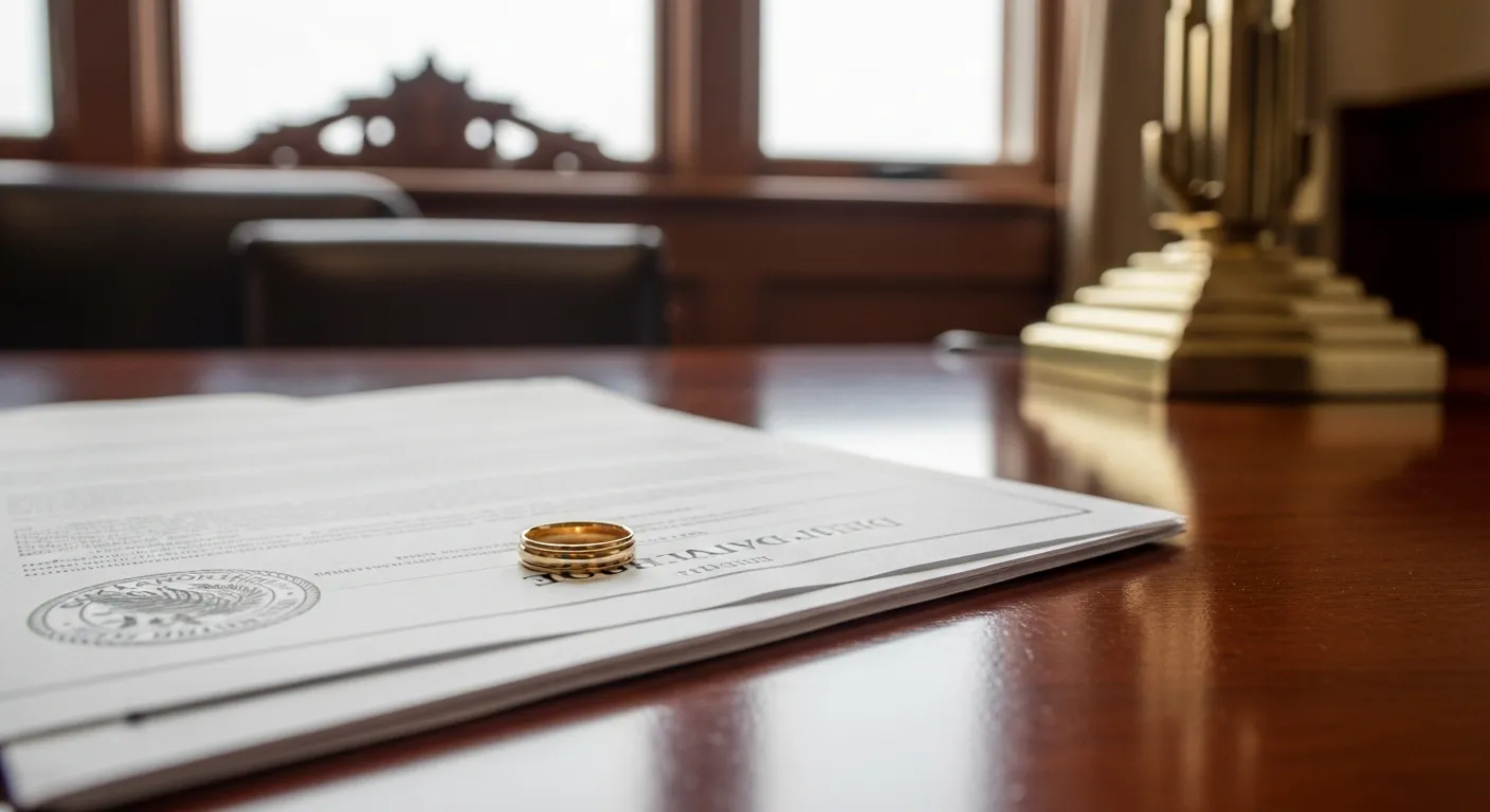 Divorce documents and wedding ring on attorney desk in Pushmataha County, Oklahoma