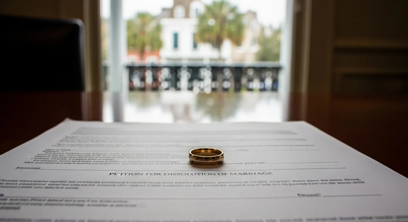 Divorce documents and wedding ring on attorney desk in Lee County, South Carolina