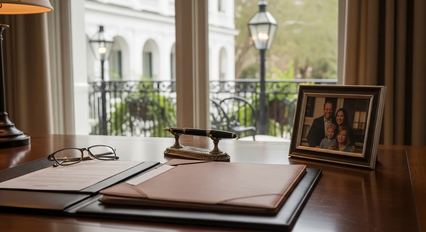 Family law attorney's desk with legal documents in Georgetown County, South Carolina