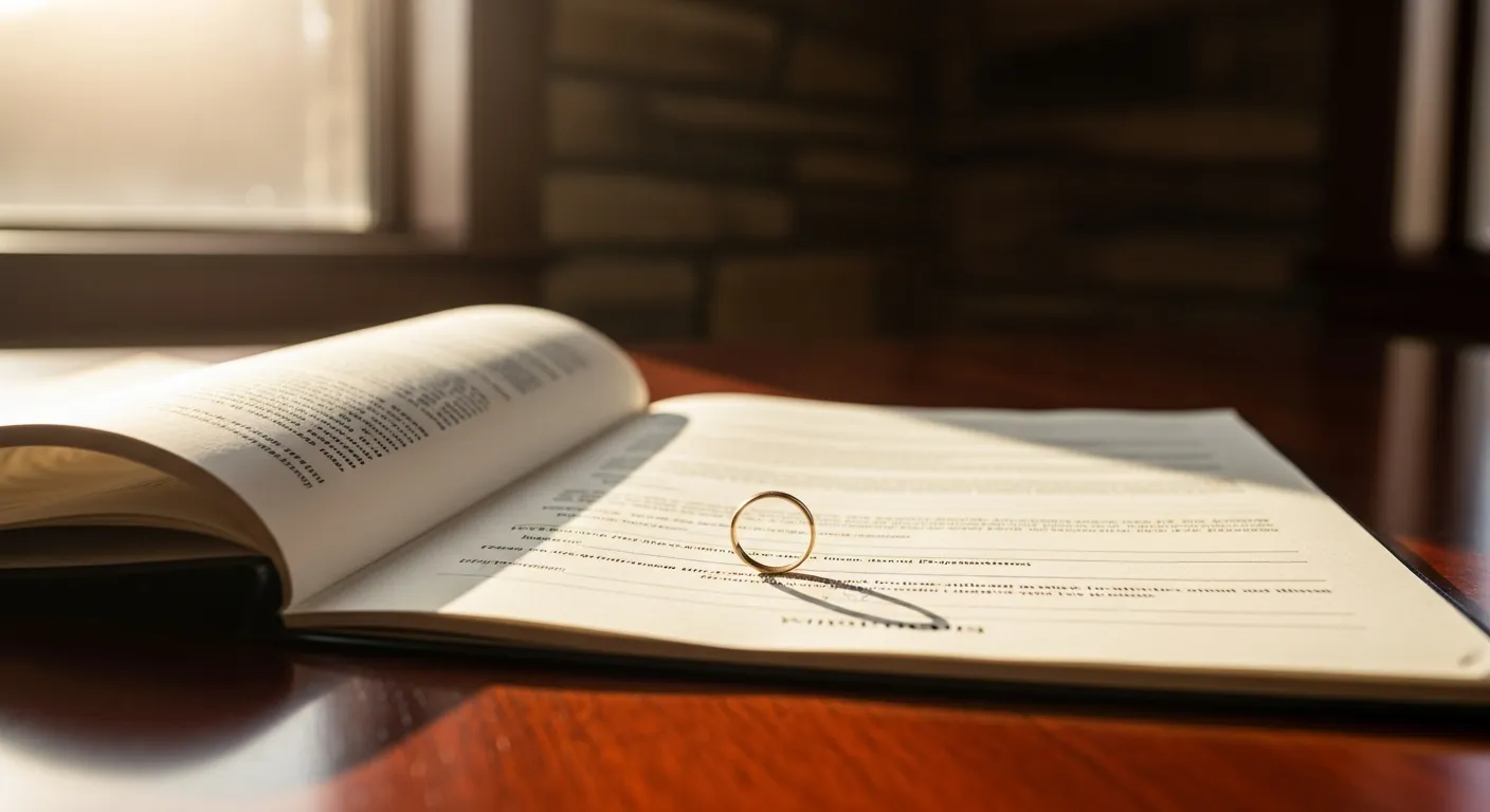 Divorce documents and wedding ring on attorney desk in Custer County, South Dakota