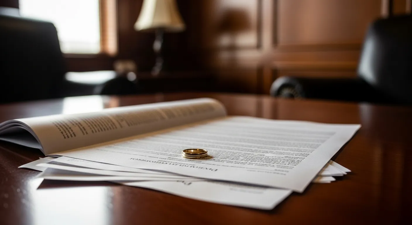 Divorce documents and wedding ring on attorney desk in Ward County, Texas