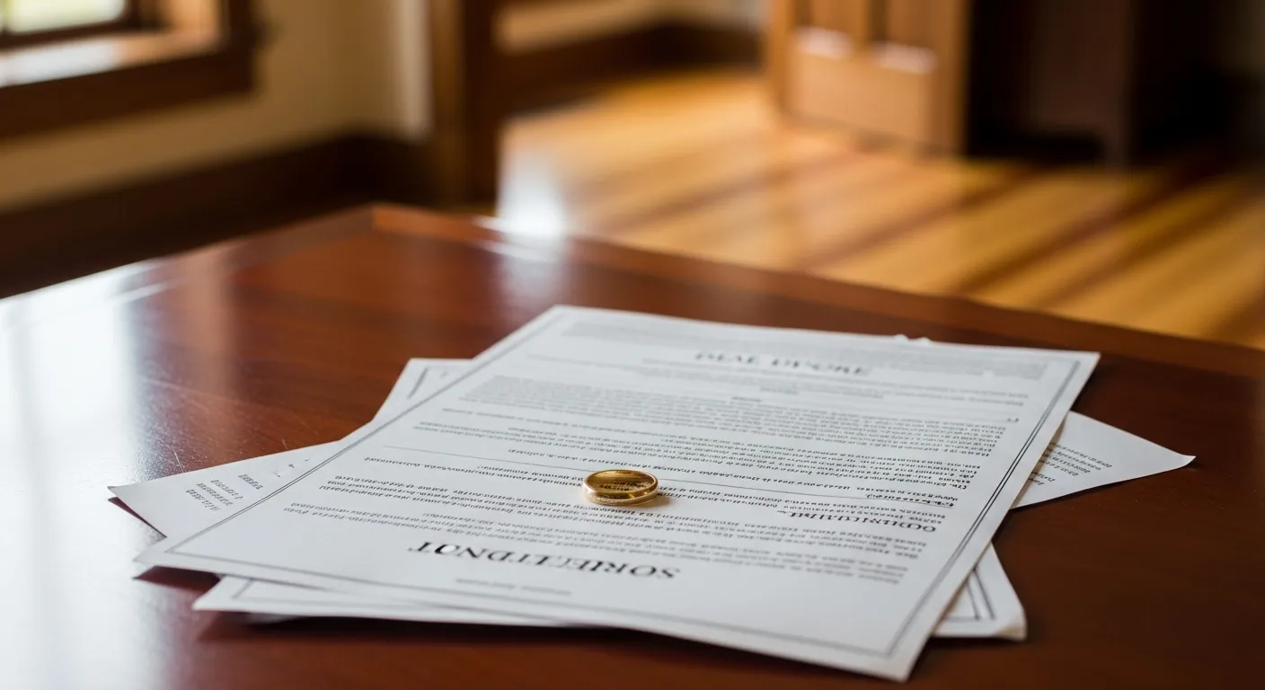 Divorce documents and wedding ring on attorney desk in Windham County, Vermont