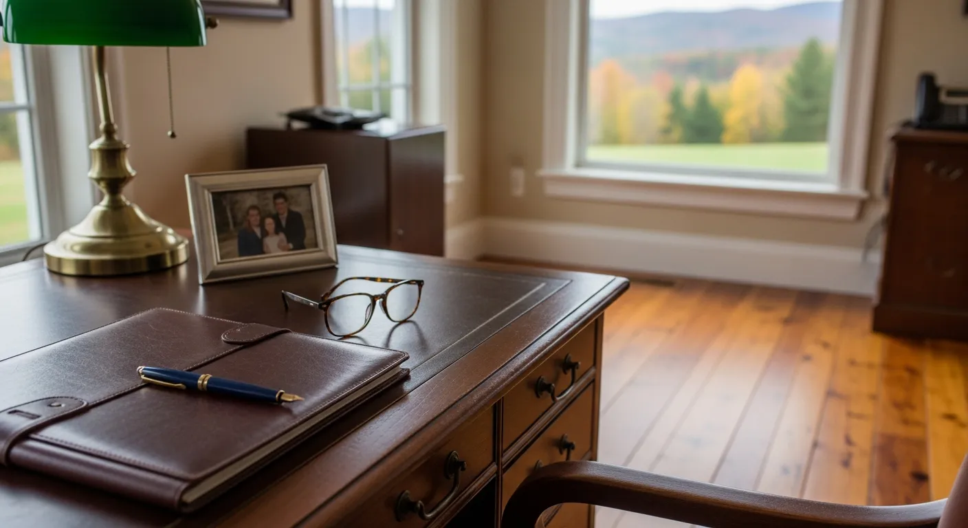 Estate planning attorney's desk with legal files in Franklin County, Vermont