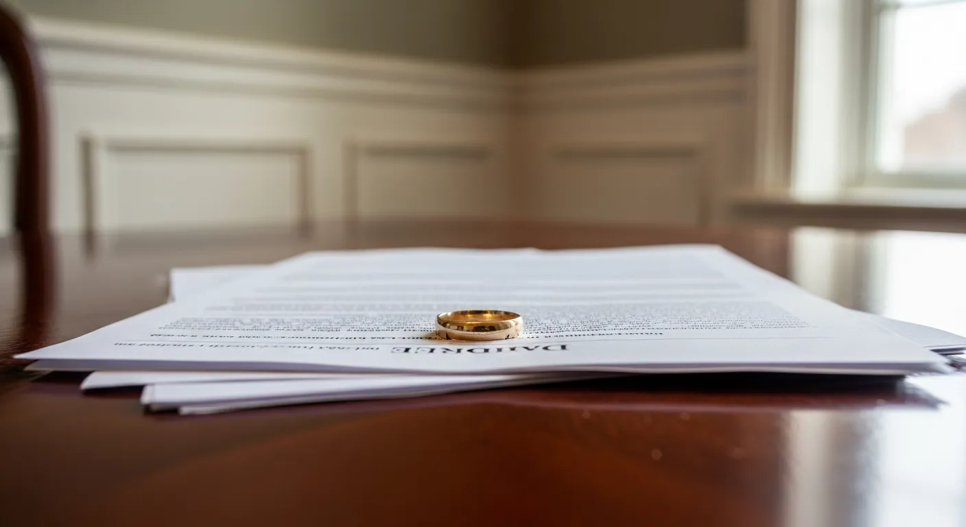 Divorce documents and wedding ring on attorney desk in Wise County, Virginia