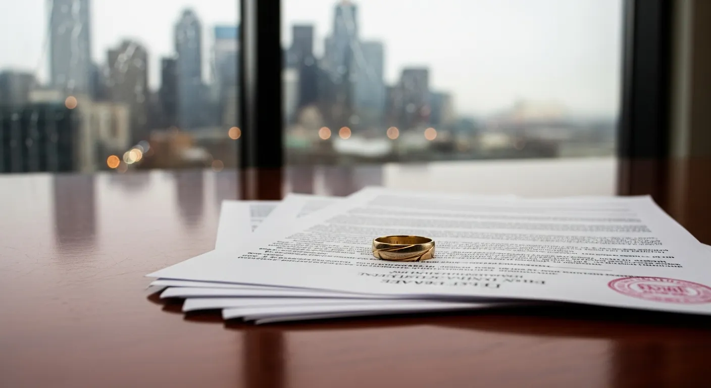 Divorce documents and wedding ring on attorney desk in Asotin County, Washington