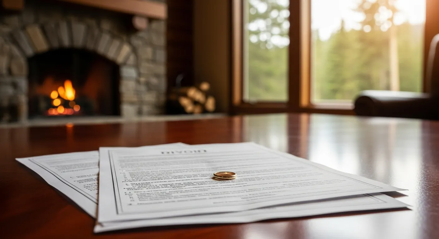 Divorce documents and wedding ring on attorney desk in Braxton County, West Virginia